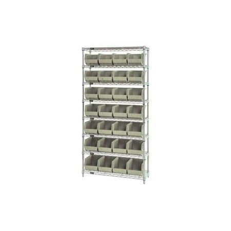 Global Industrial Chrome Wire Shelving w/ 28 Stacking Ivory Bins, 36inW x 12inD x 74inH, Gray 268926BG